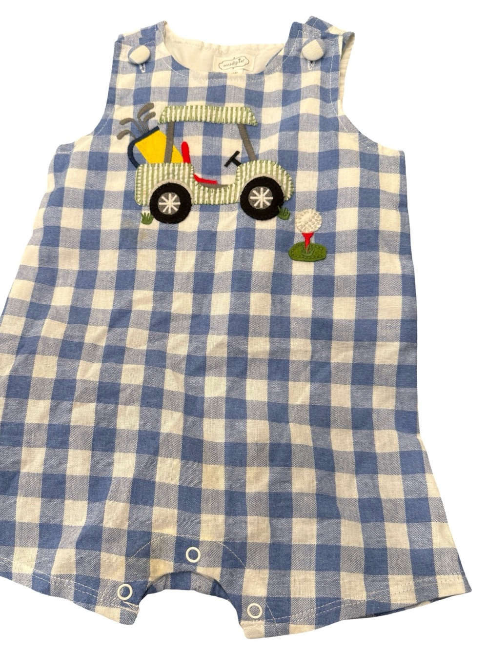 Mud Pie Blue and White Gingham Golf Cart Embroidered Romper